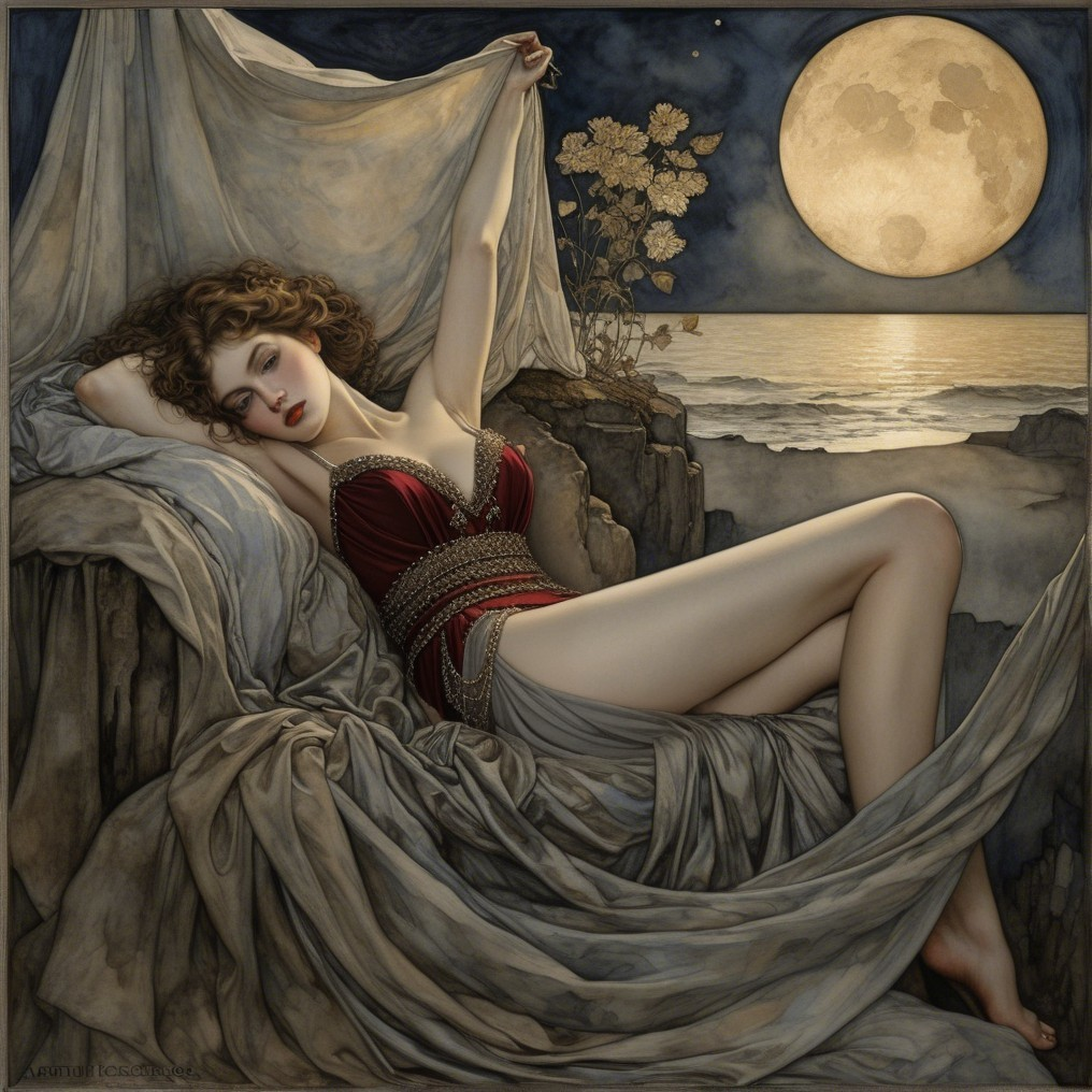 Lavish Woman in Red Against Rocky Night Landscape