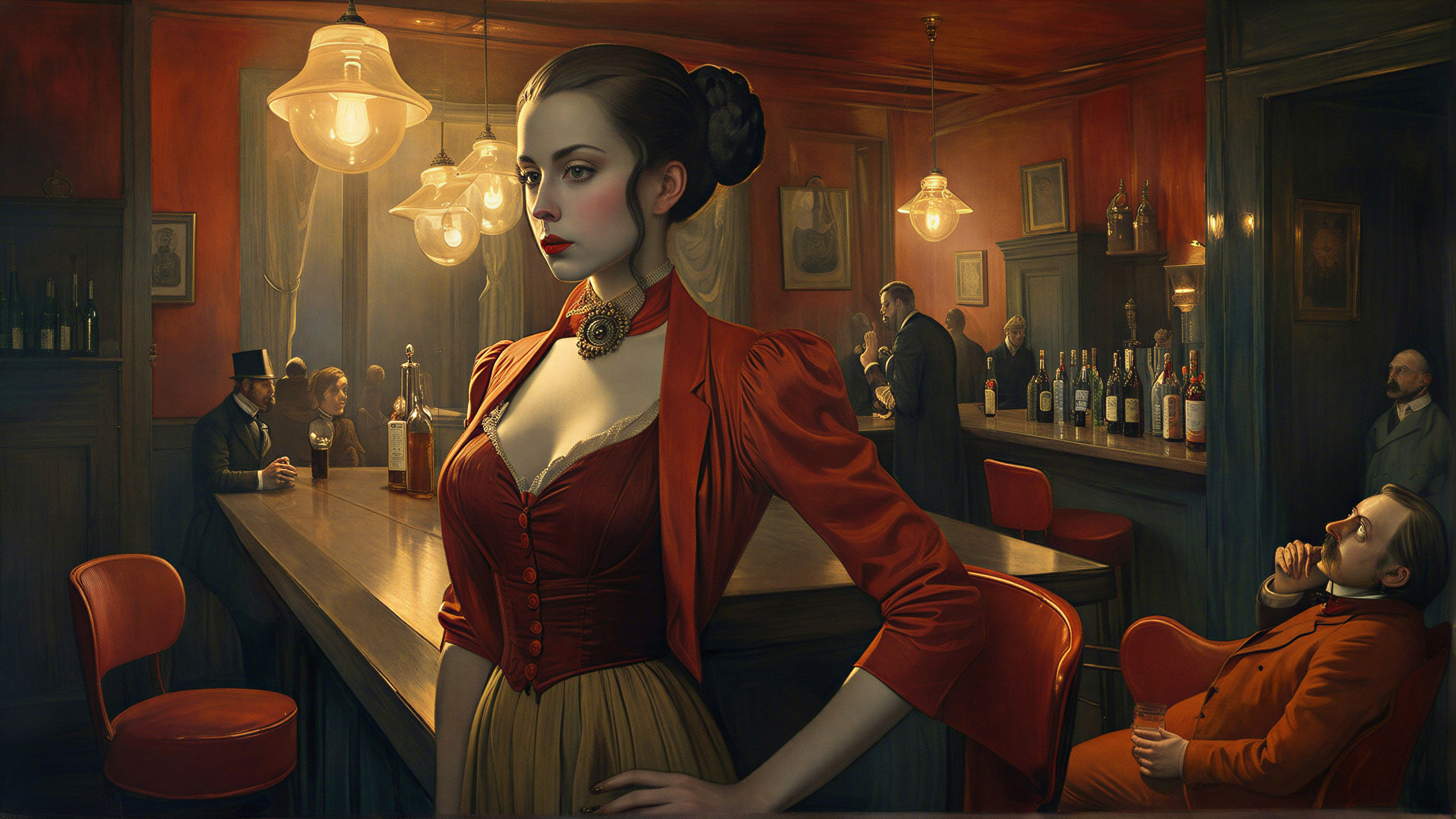 Vintage Bar Scene with Woman in Red Jacket