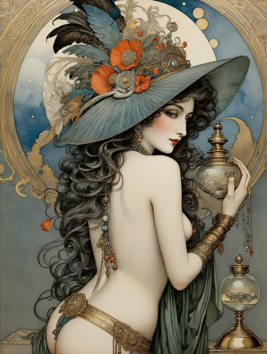 Elegant Woman with Feathered Hat and Lantern