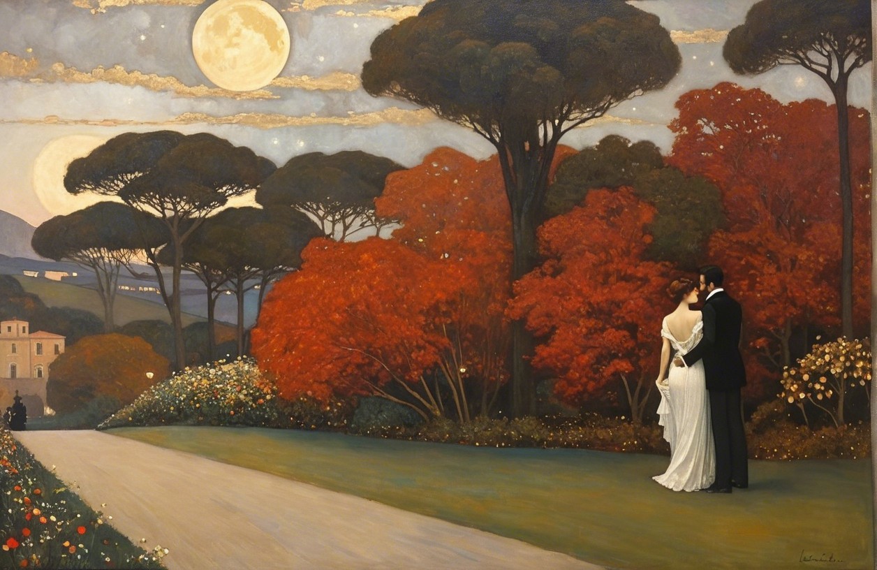 Romantic Moonlit Scene with Autumn Foliage and Hills