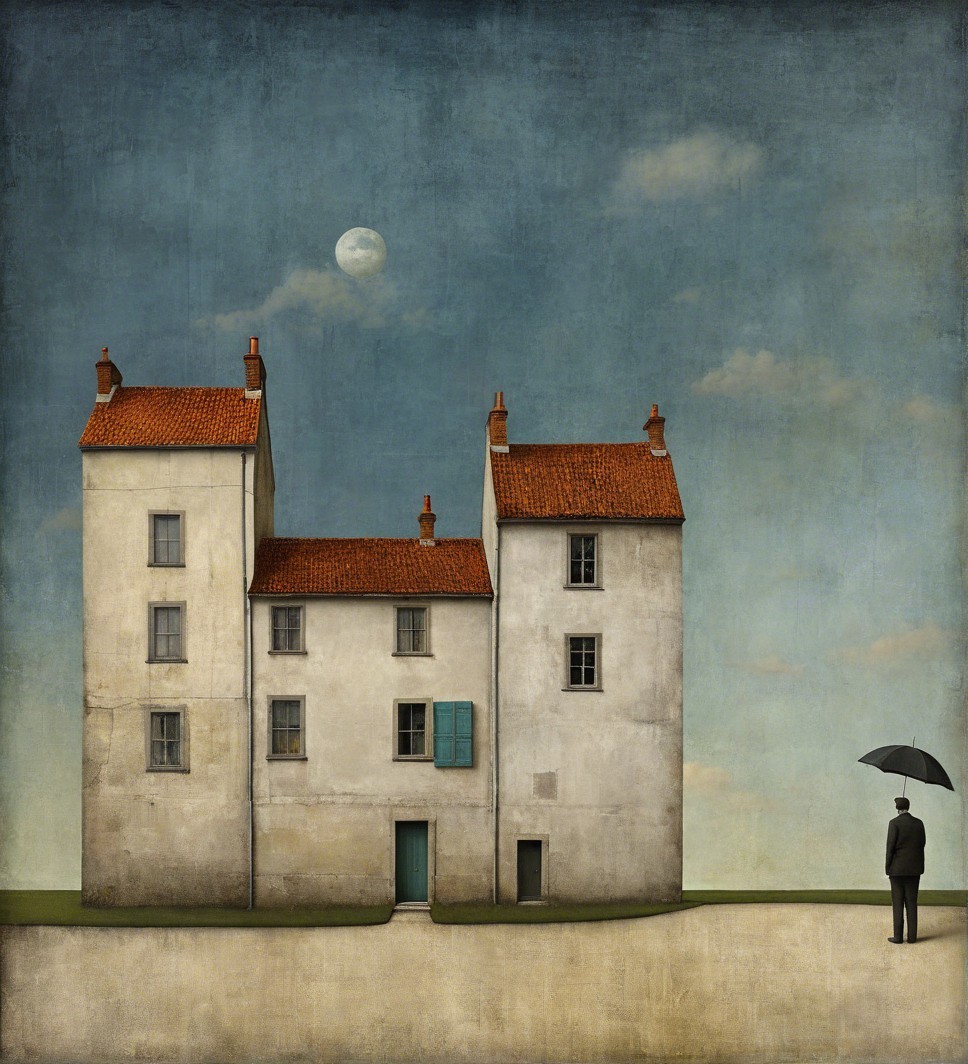 Surreal Landscape with White Houses and Figure in Suit