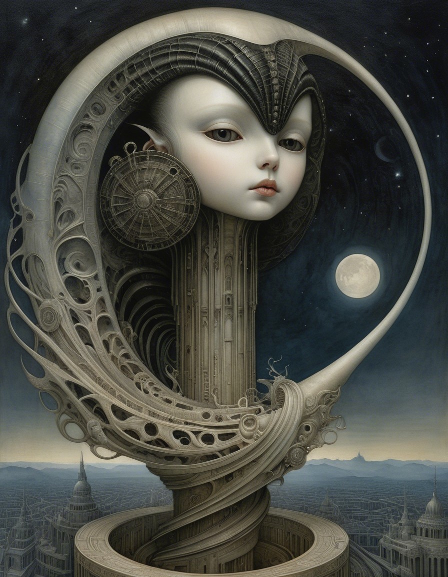 Ethereal Figure in Surreal Cityscape at Night