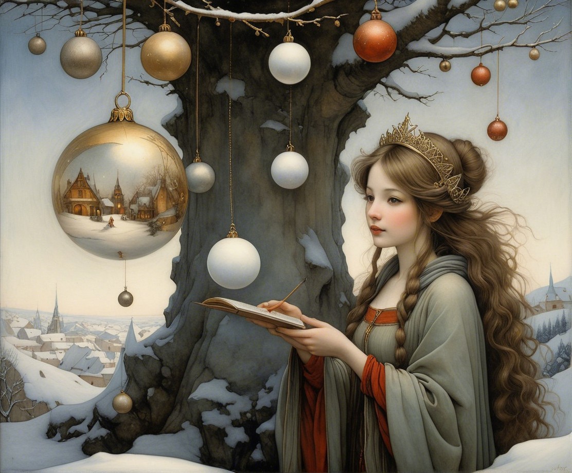 Winter Scene with Woman Writing in Snowy Setting