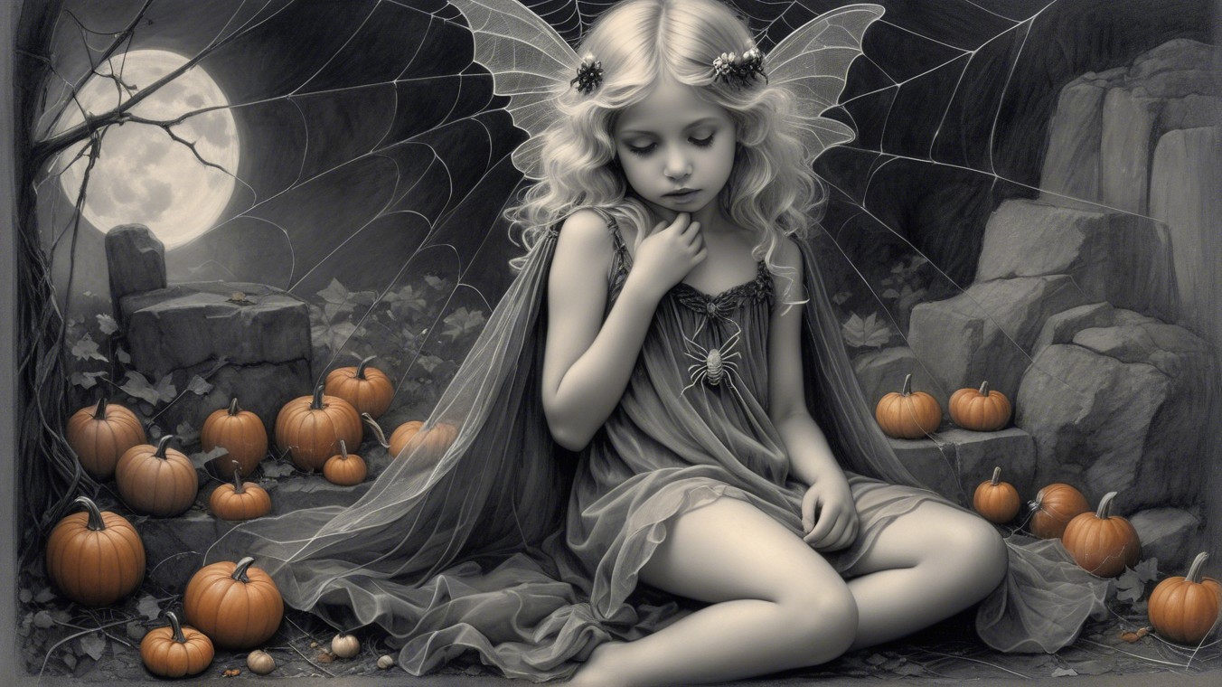 Young girl with wings among pumpkins in moonlight