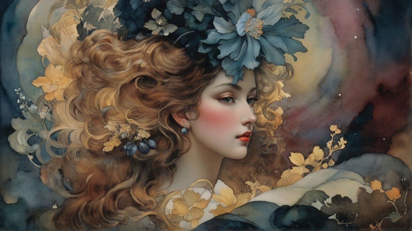 Artwork of a Woman with Flowers in Pastel Colors