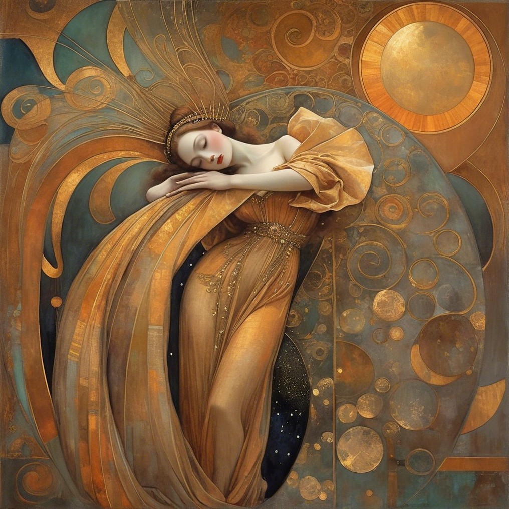 Serene Woman in Elegant Gown with Celestial Motifs