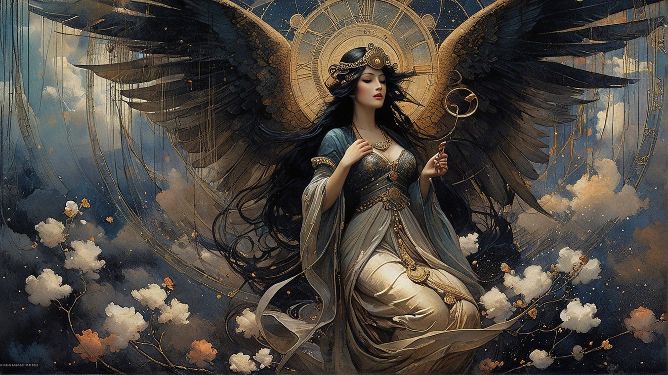 Majestic figure with wings in celestial setting