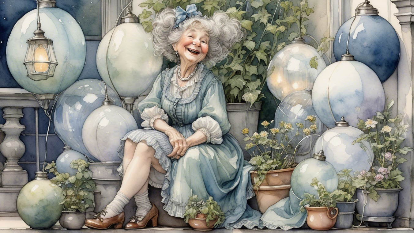 Elderly Woman in Garden Surrounded by Balloons and Plants