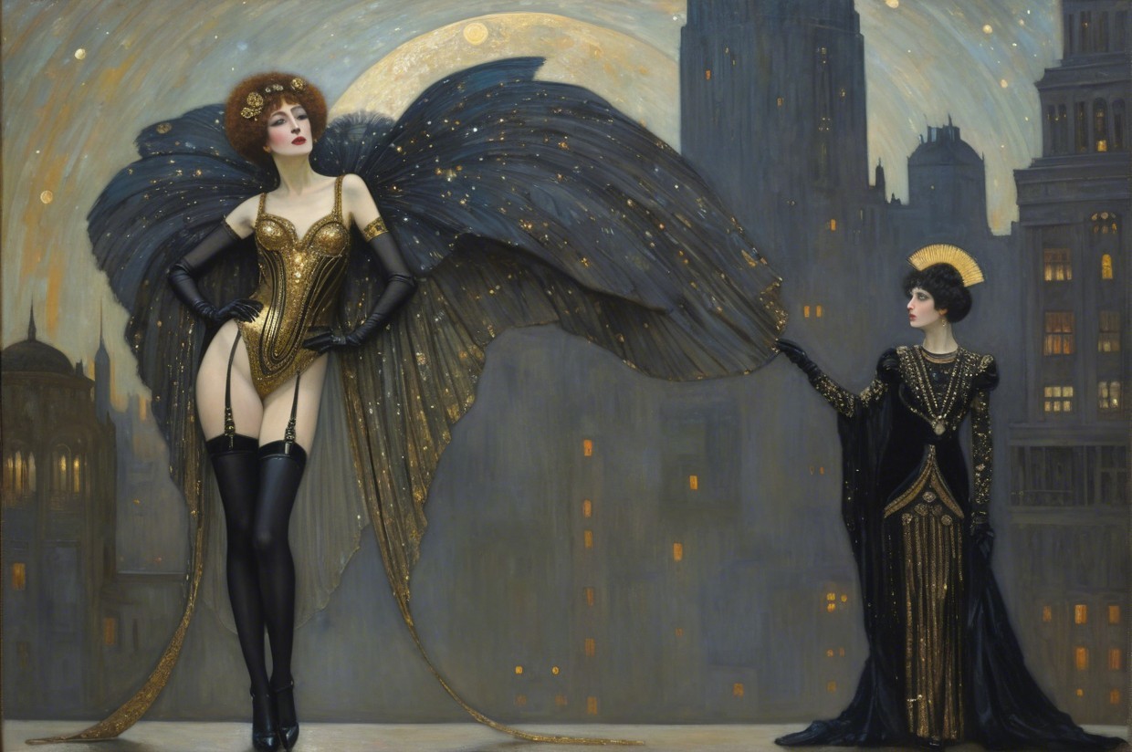 Art Deco Scene with Elegant Figures and Cityscape