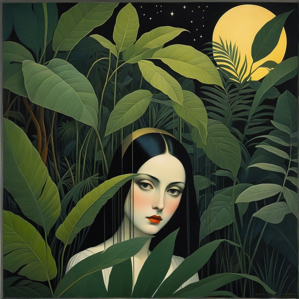 Serene Woman in Moonlit Greenery at Night