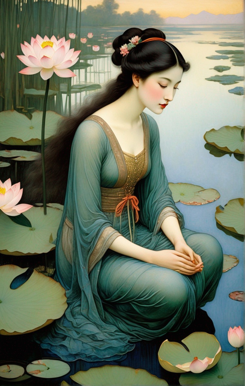 Serene Woman in Traditional Attire by Lotus Pond