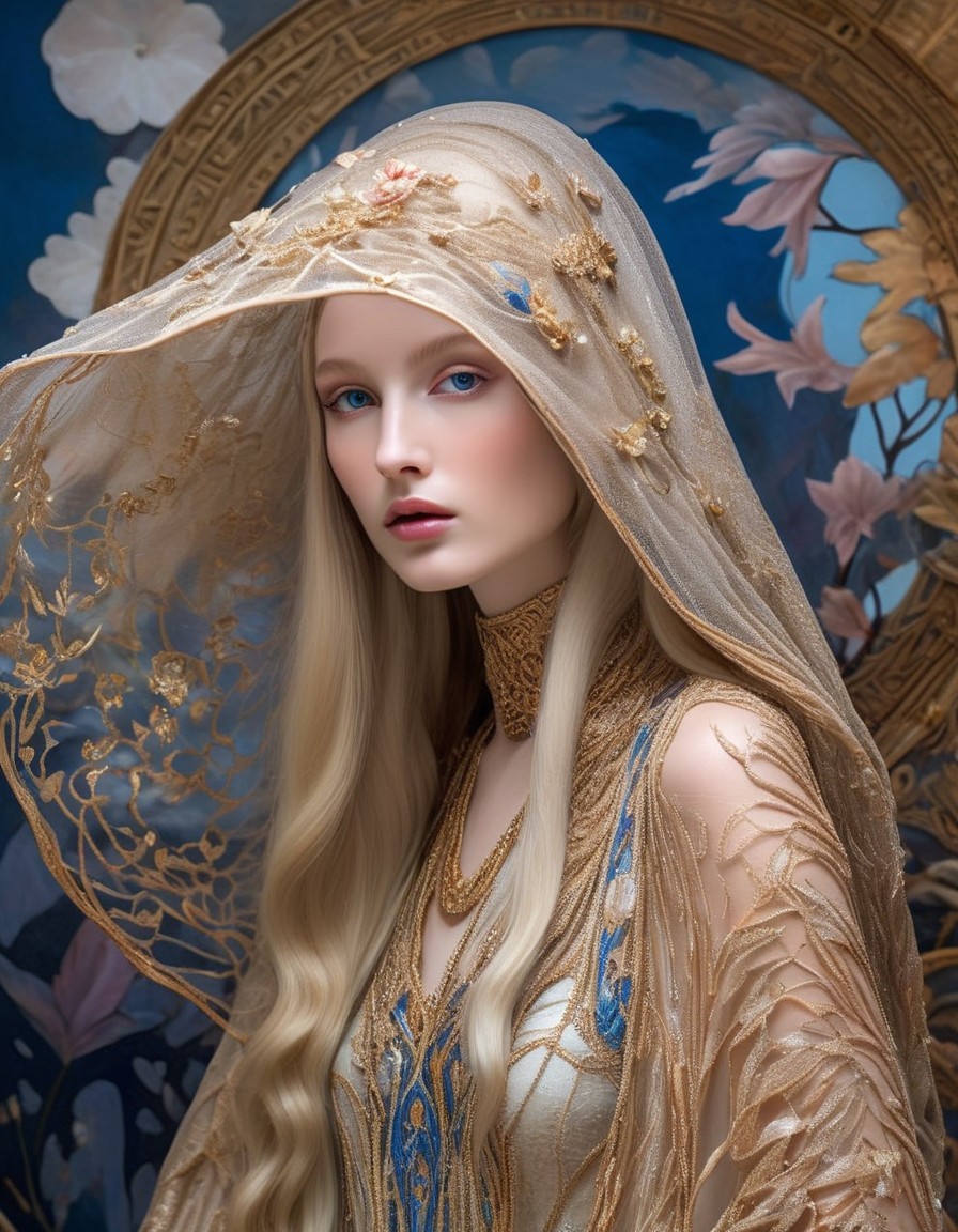 Pale-skinned person in gold-embroidered cape with striking blue eyes