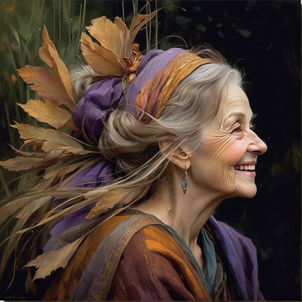 Elderly Woman in Colorful Attire Surrounded by Nature