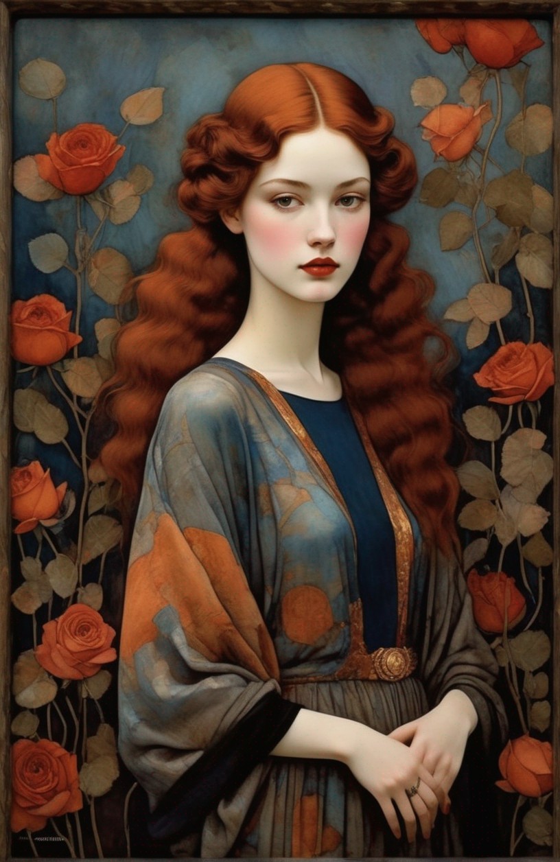 Painting of a woman with red hair and orange roses