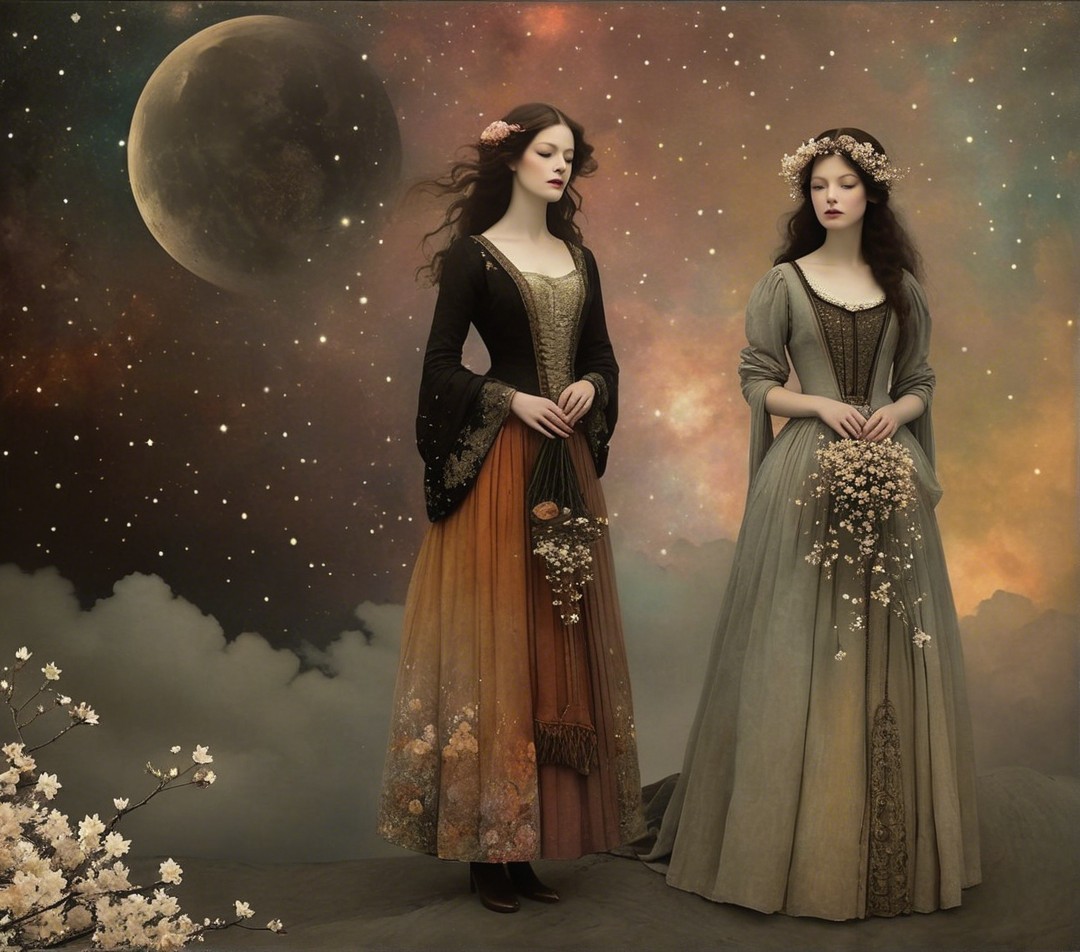 Ethereal Landscape with Two Women in Elegant Dresses