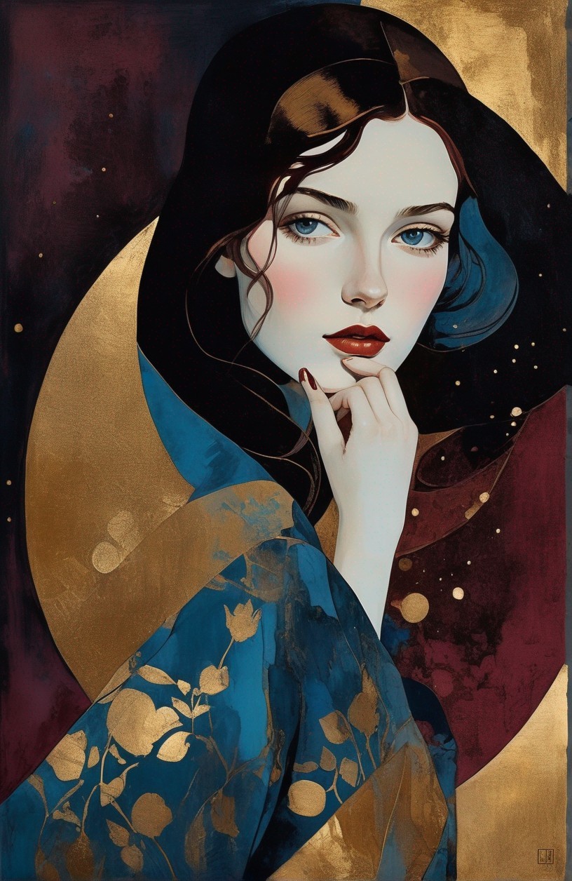 Portrait of woman with fair skin, blue eyes, dark hair on gold and blue floral background