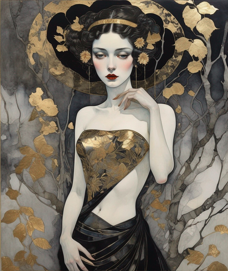 Illustration of a Woman in Gold and Black Gown