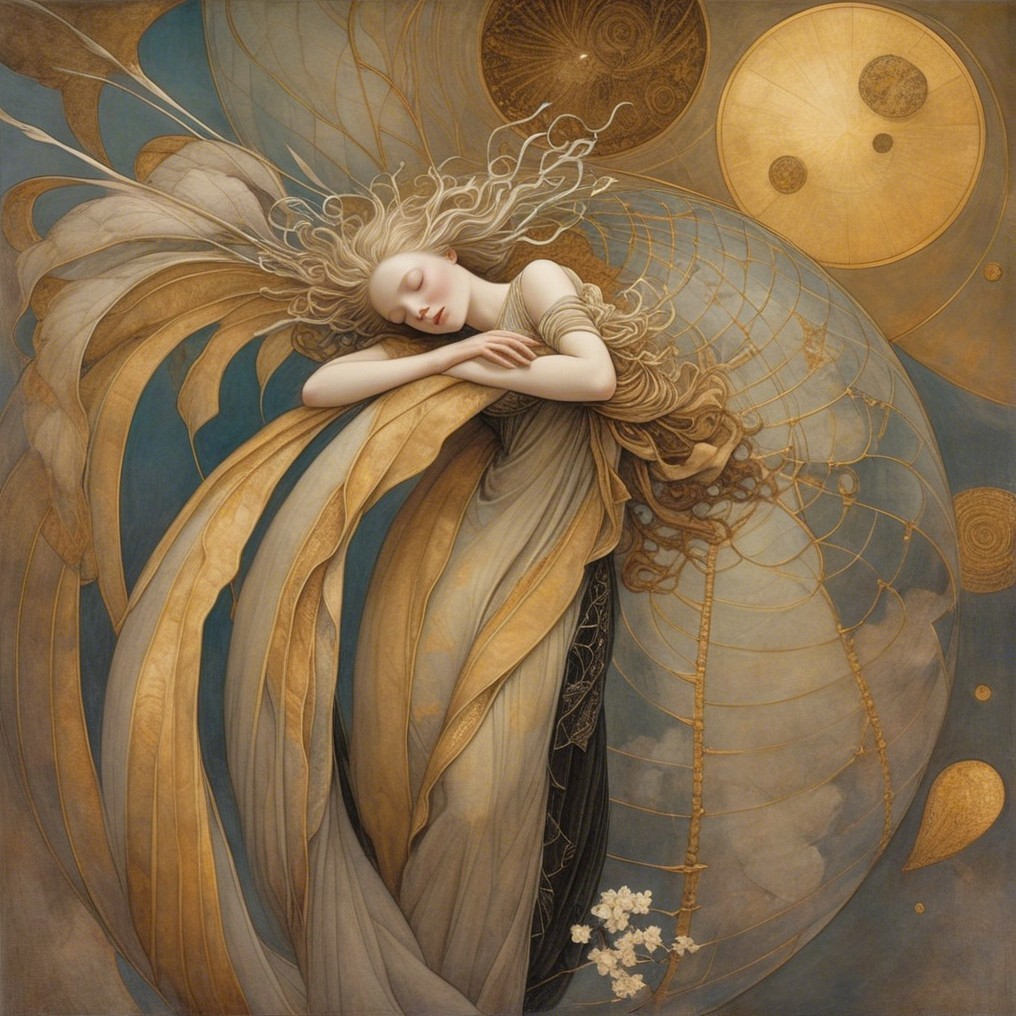 Serene figure in flowing garments amidst celestial patterns