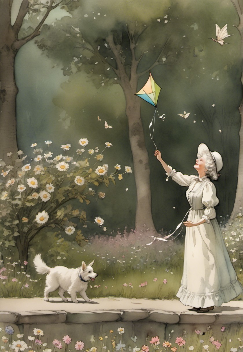 Joyful Garden Scene with Woman, Dog, and Kite