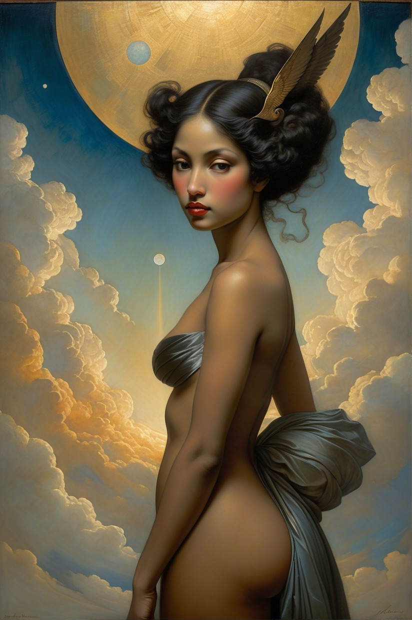 Majestic Woman Against Celestial Cloud Background