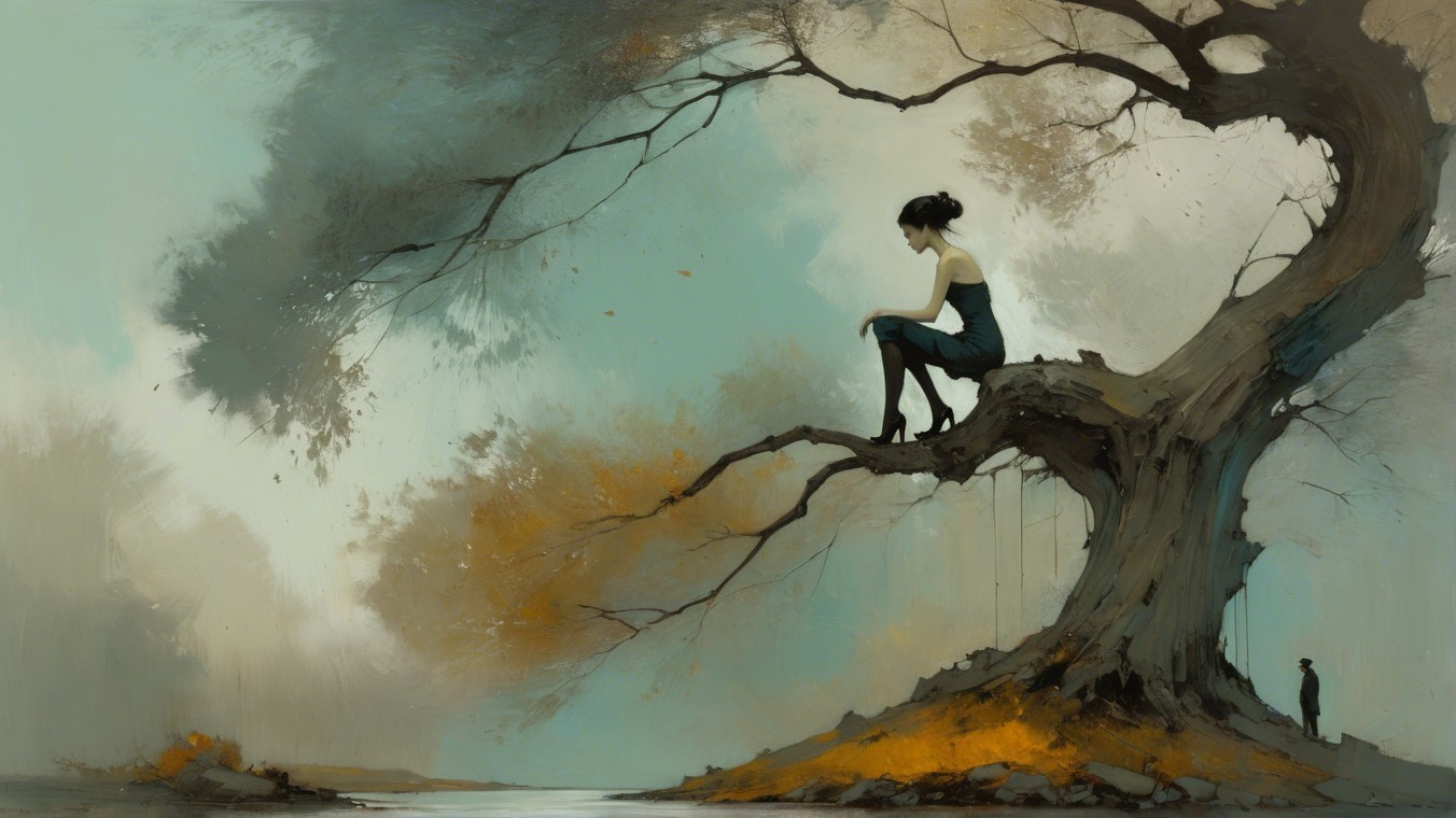 Serene landscape with a gnarled tree and a woman