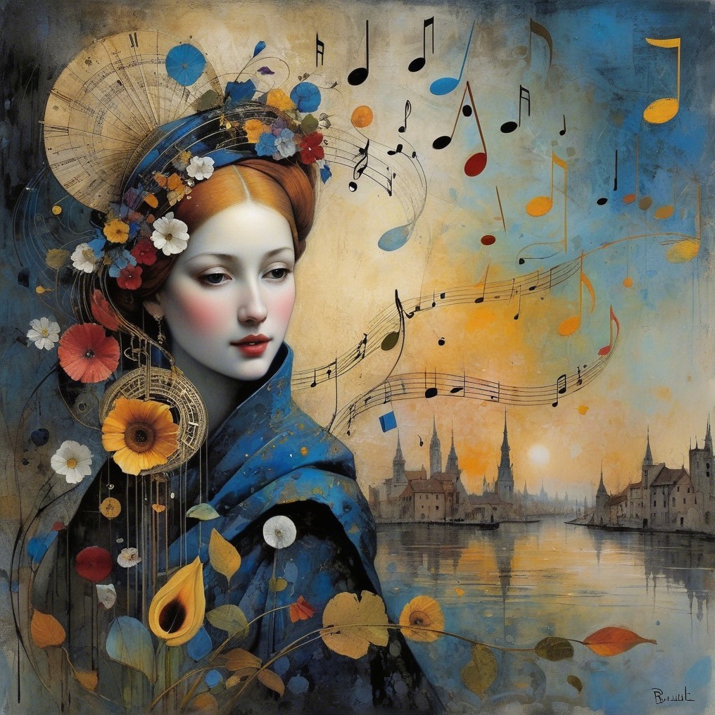 Portrait of a Woman with Flowers and Musical Notes