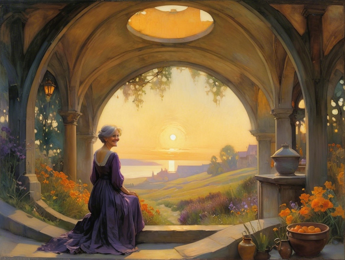 Elderly Woman in Stone Archway at Sunset Scene
