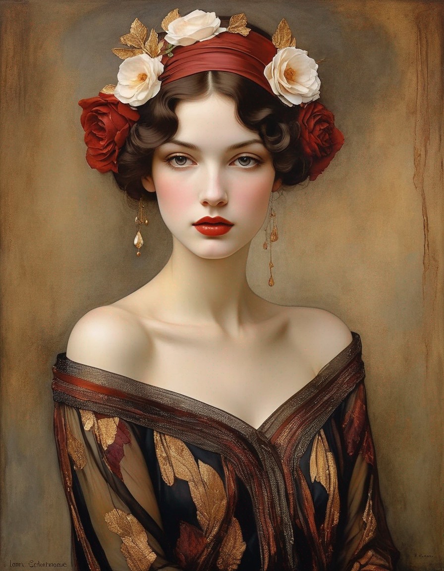Woman portrait with red headband, white flowers, drop earrings, and brown shawl.