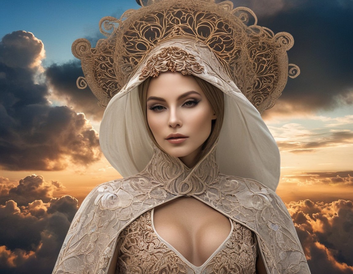 Digital art portrait of woman with ornate golden headwear and cloak under cloudy sunset sky