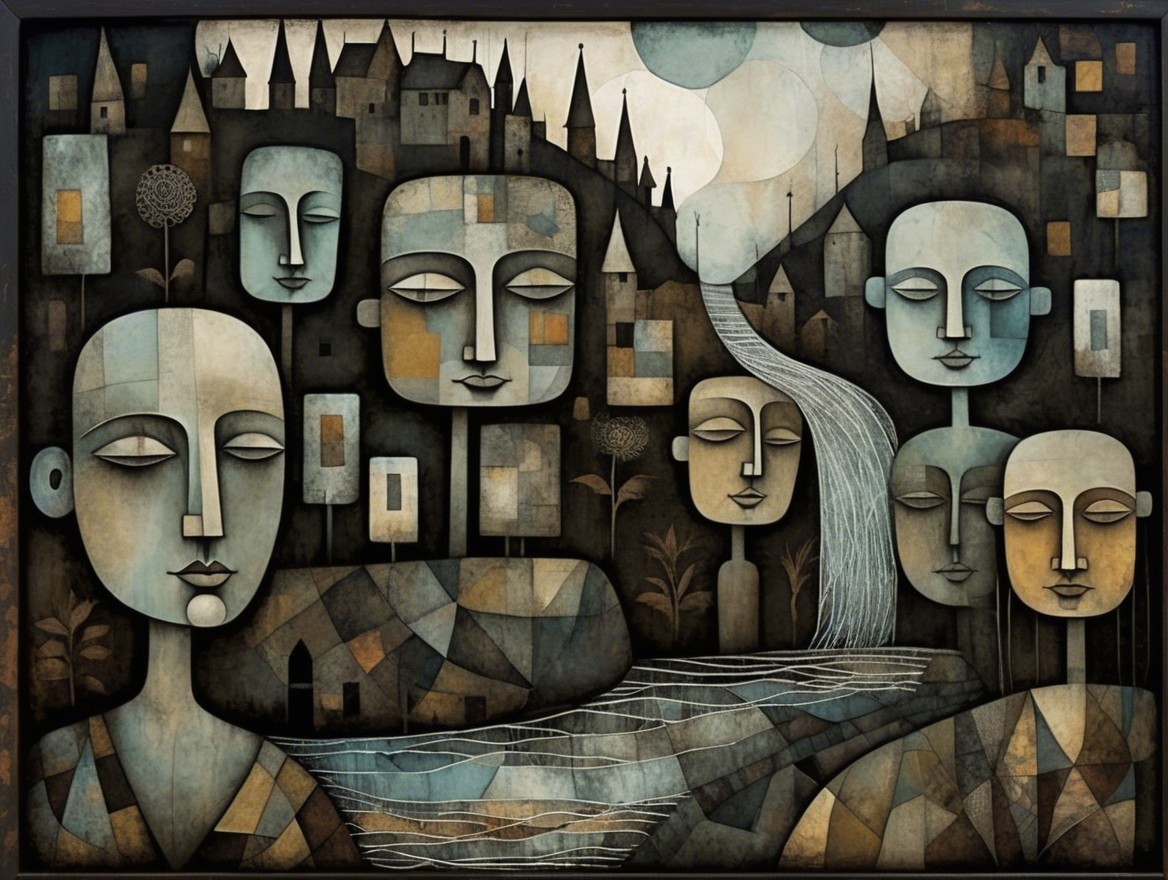 Stylized landscape with abstract figures and muted tones