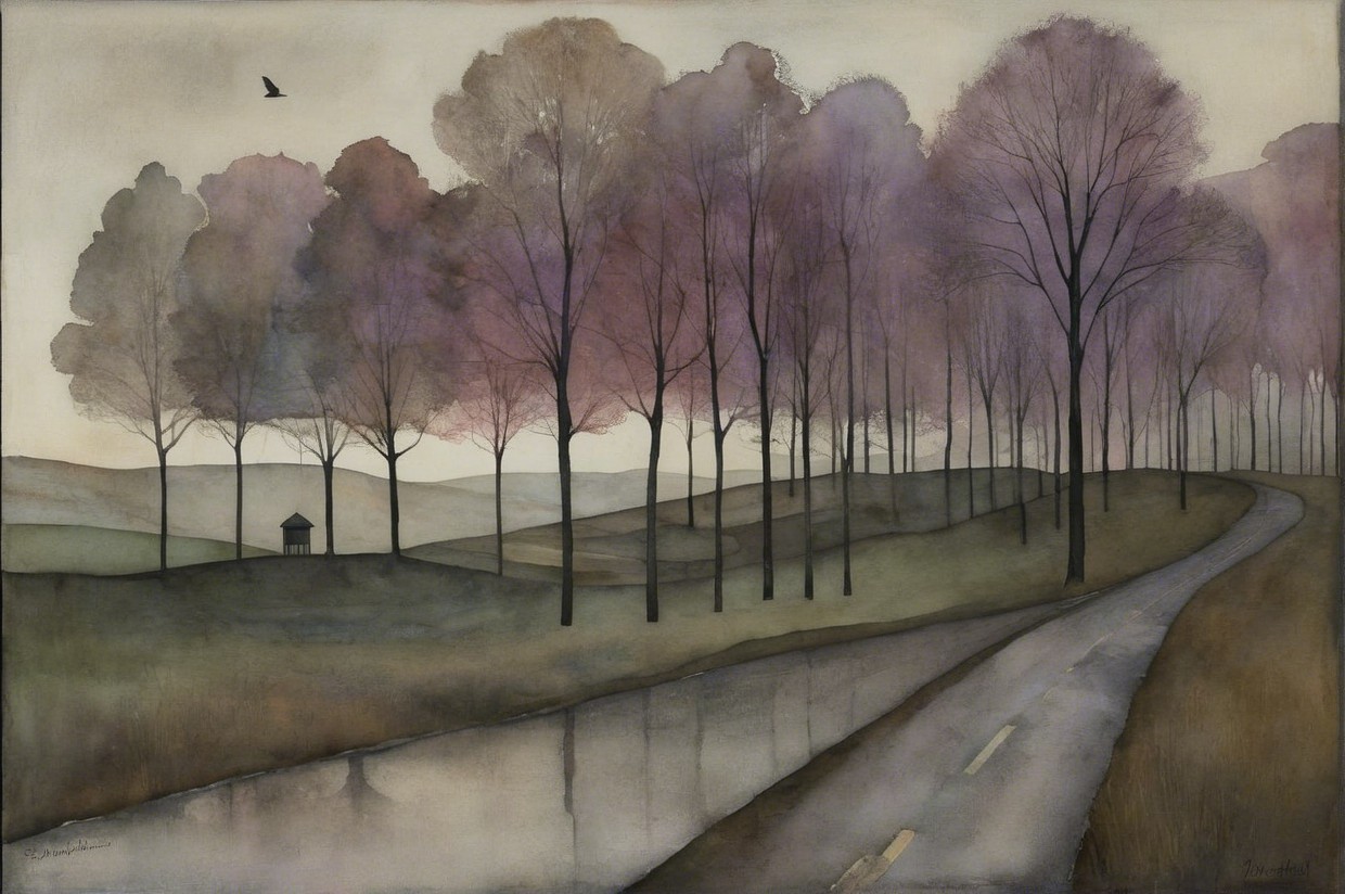 Serene Landscape with Winding Road and Gazebo
