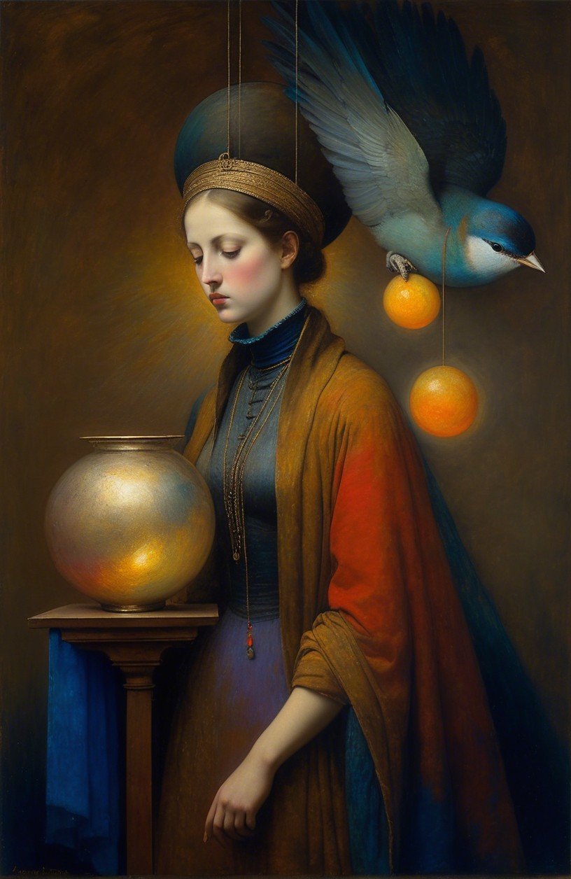 Serene Woman in Flowing Garments with Nature Elements