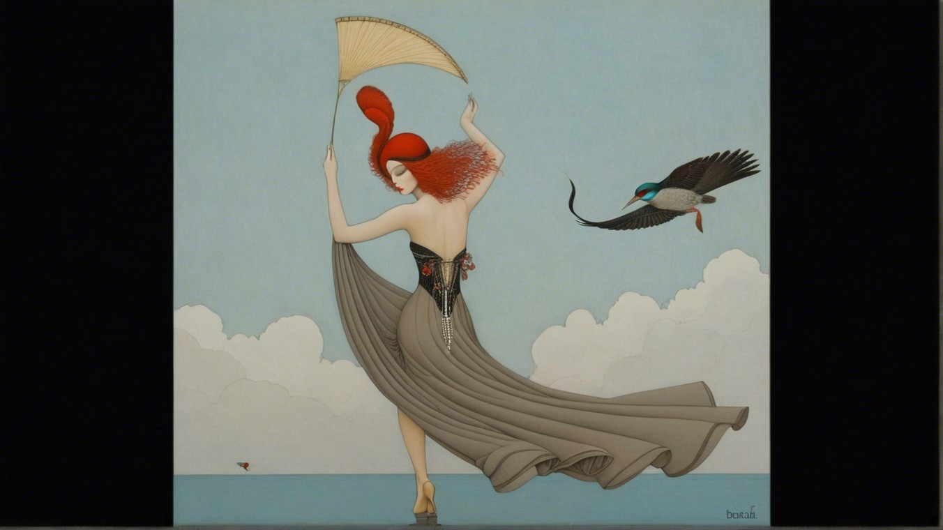 Graceful figure in flowing gown by serene water