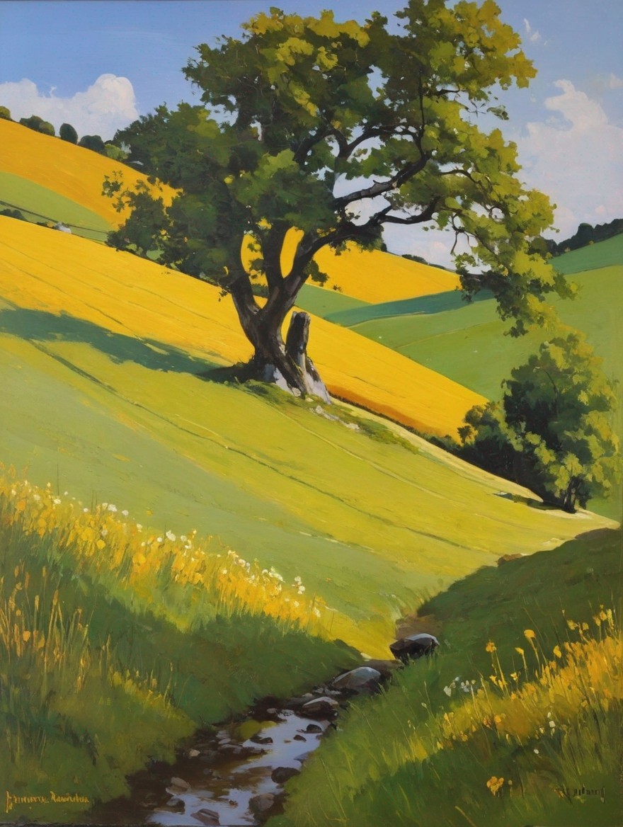 Serene Landscape with Tree, Fields, and Stream