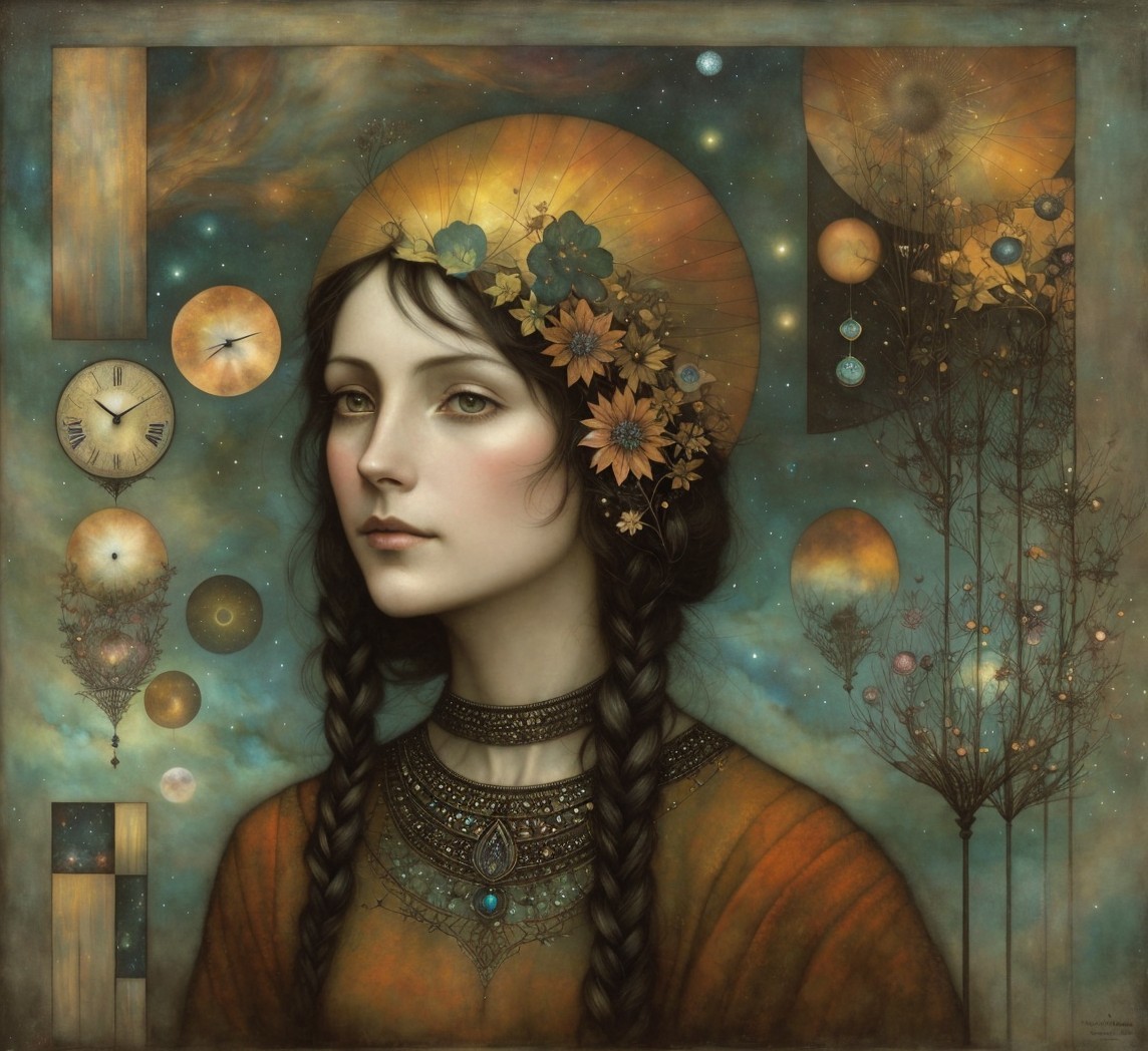 Serene Young Woman with Braided Hair in Cosmic Scene
