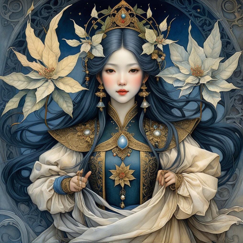 Serene figure in ornate blue and gold attire with flowers