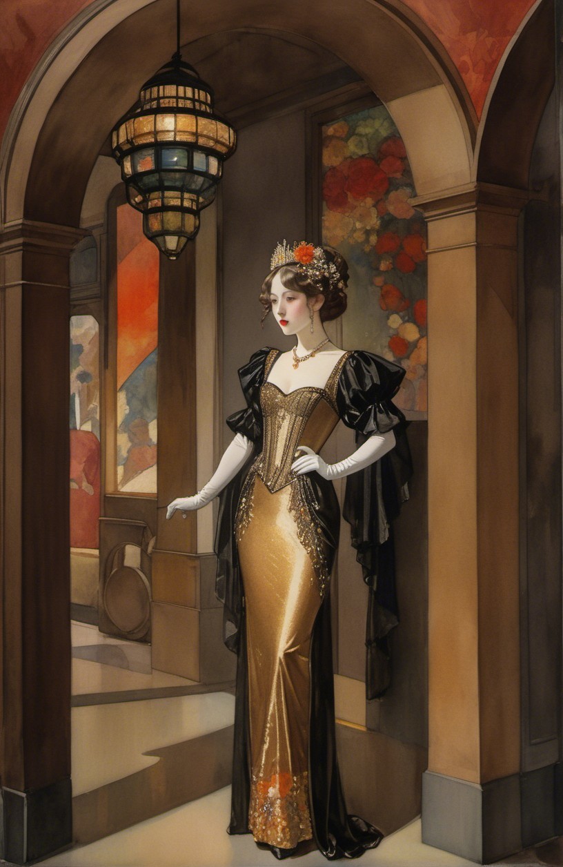 Sophisticated Woman in Elegant Gold and Black Gown