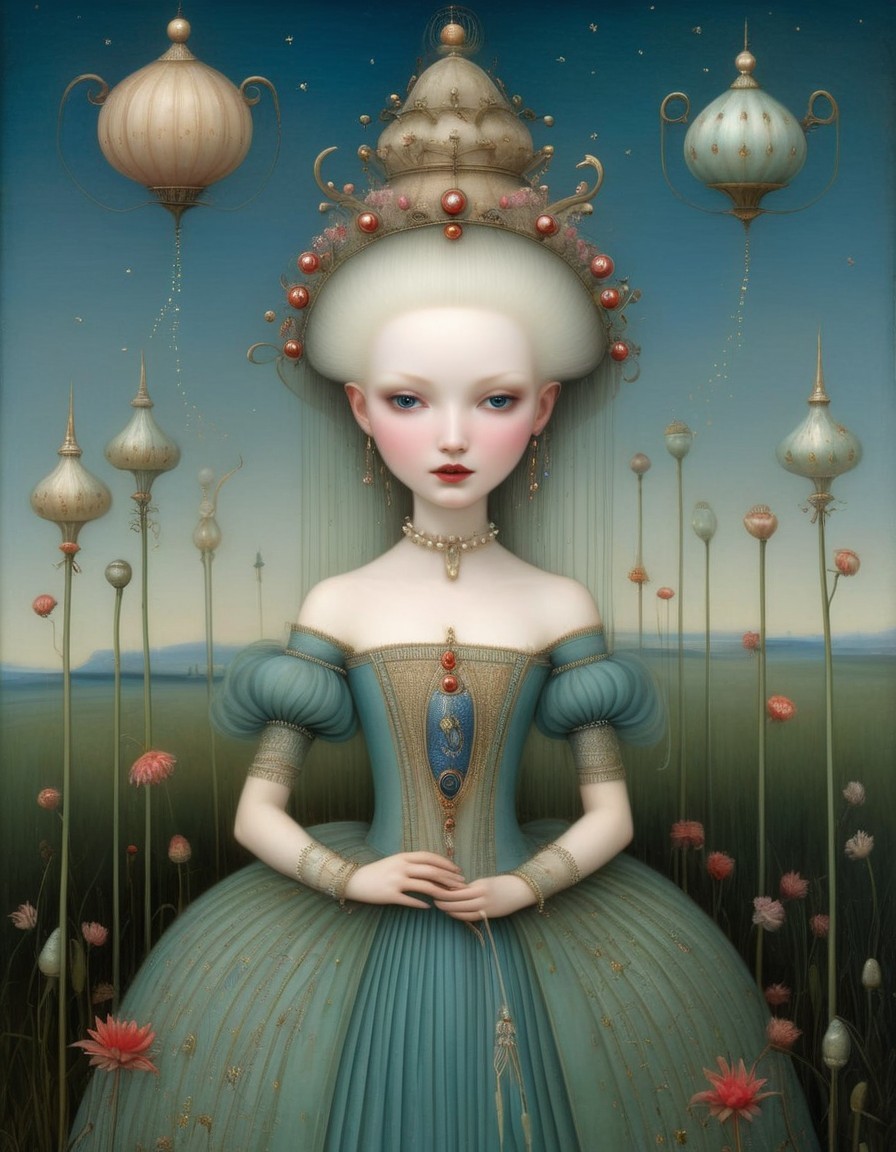 Pale woman in ornate gown with fantastical surroundings