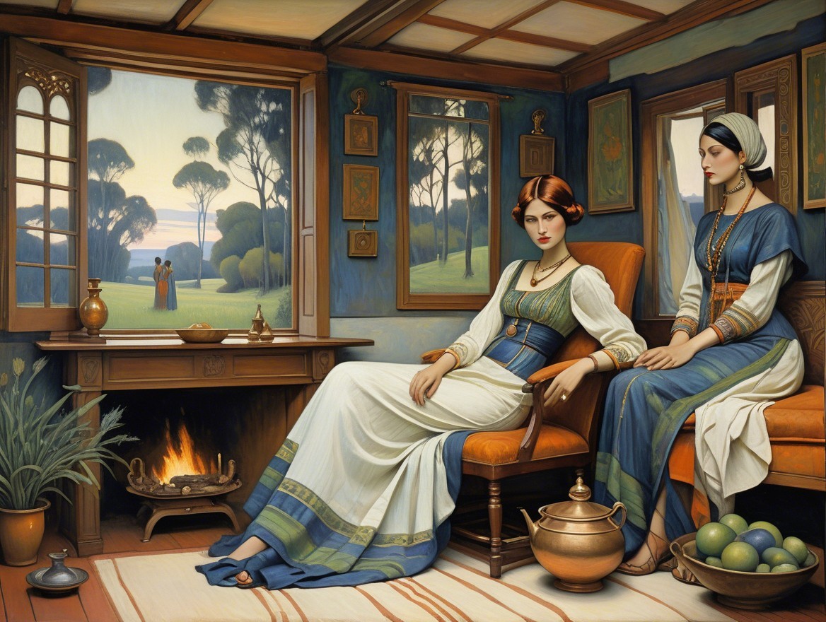 Elegant Room with Women and Serene Landscape