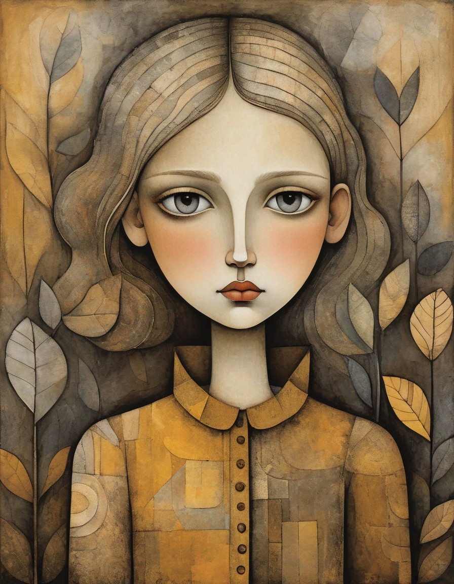 Illustrated portrait of a pale, wide-eyed girl in autumnal setting
