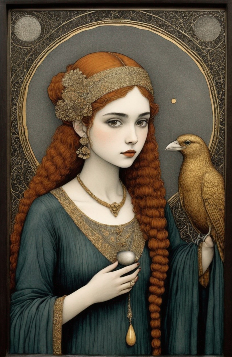 Painting of a pale red-haired woman with a bird