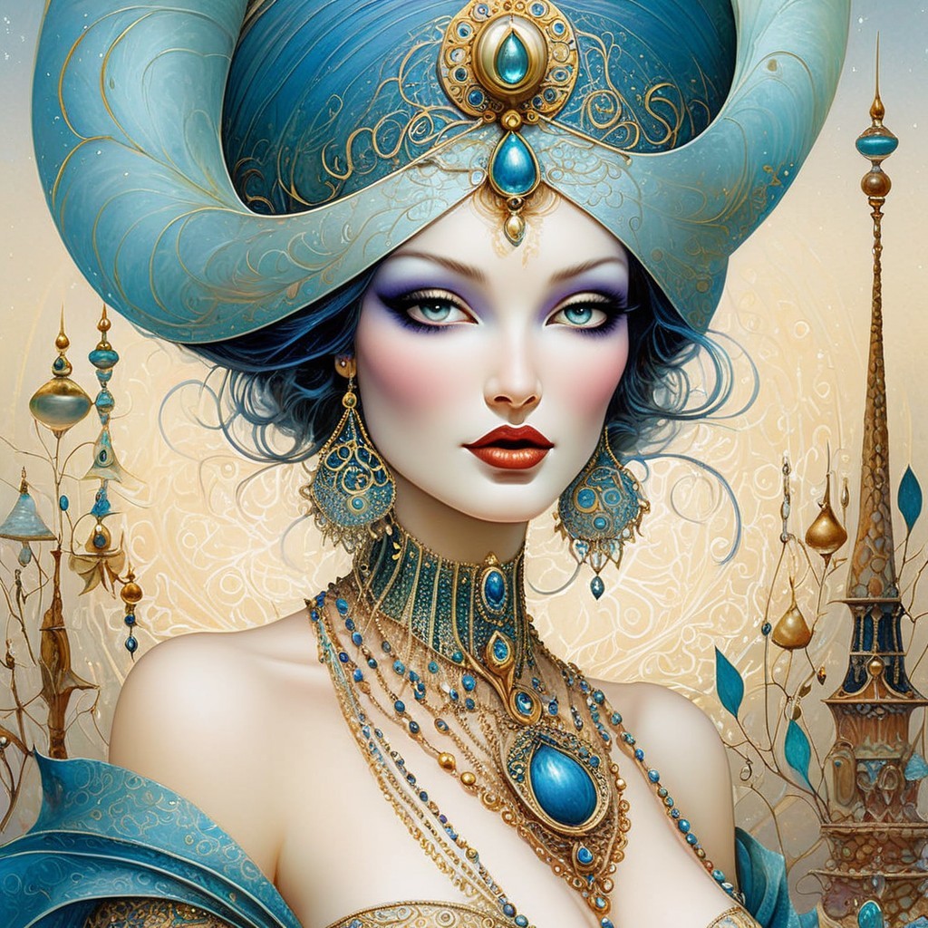 Blue-haired woman adorned with gold jewelry in front of golden architecture.