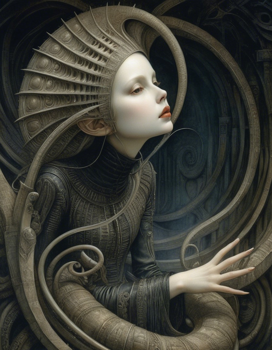 Surreal Ethereal Figure with Mechanical Backdrop