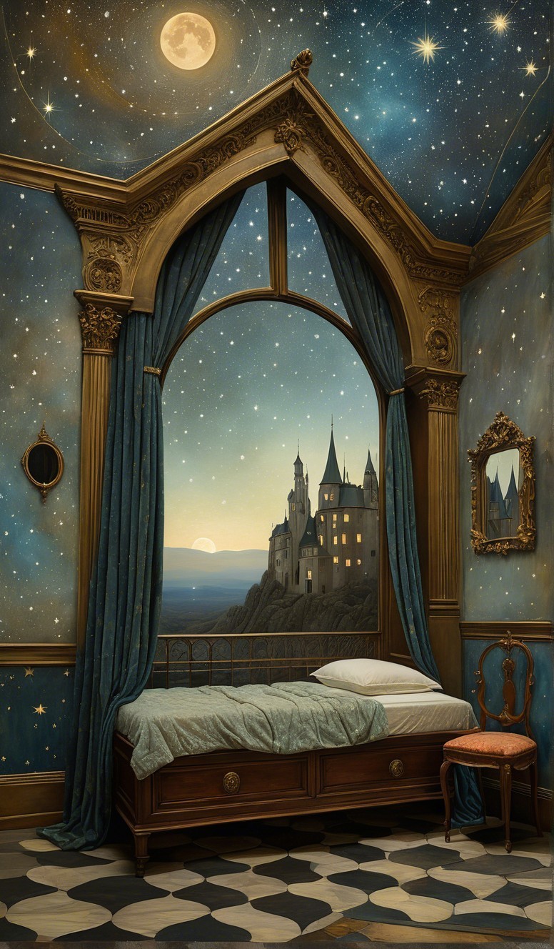 Cozy bedroom with moonlit castle view and starry decor