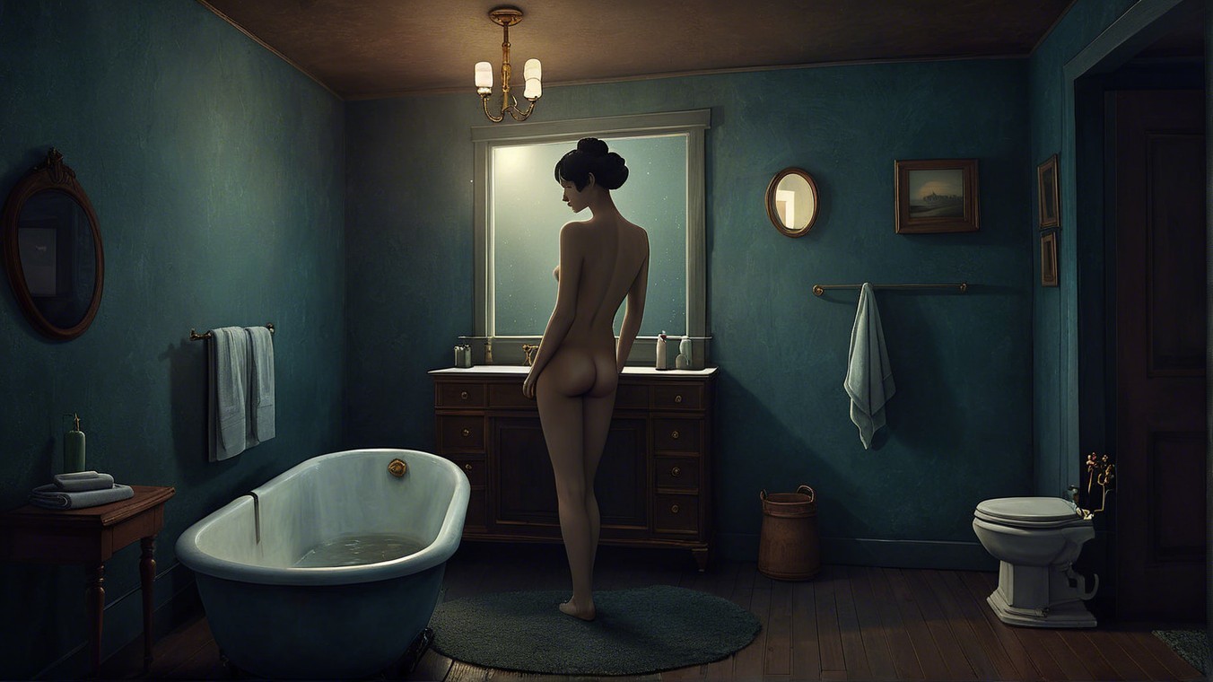 Serene Bathroom Scene with Deep Teal Walls and Bathtub