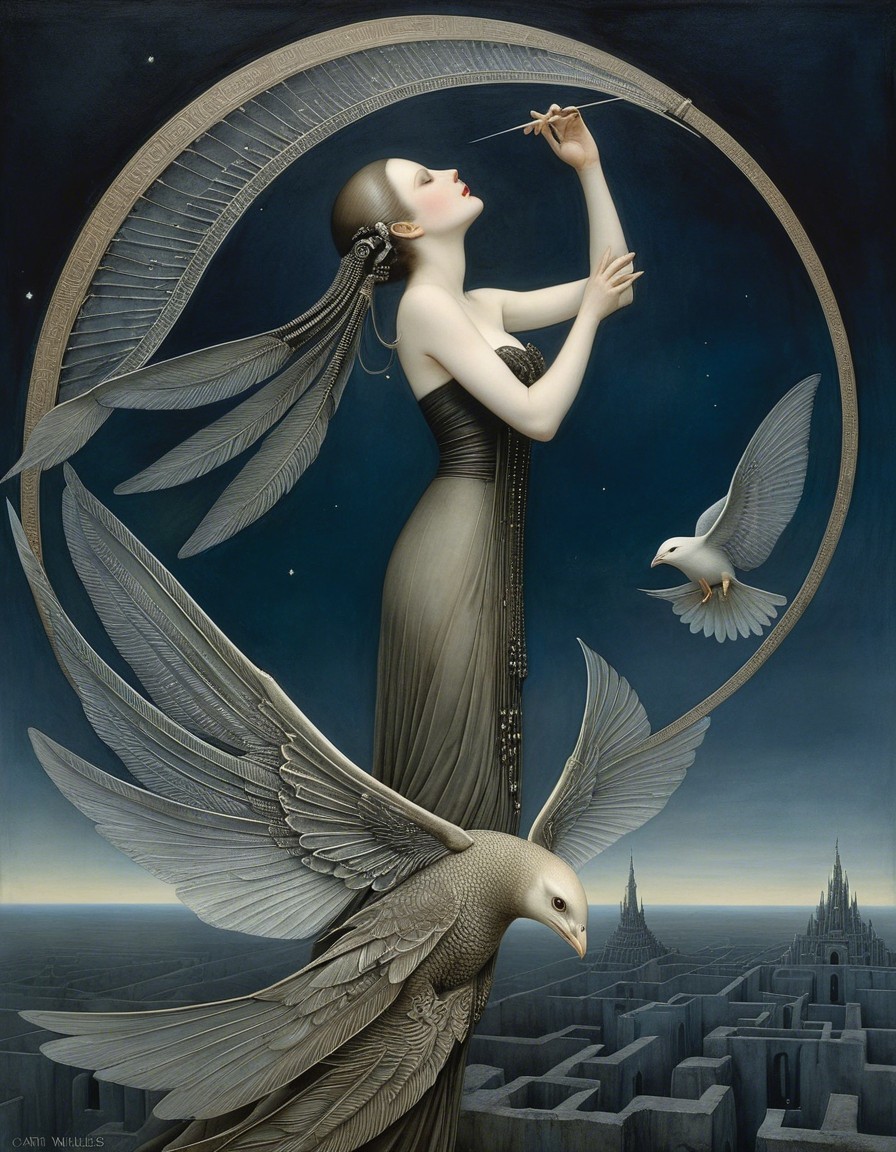 Dreamlike Scene with Figure, Feathers, and Birds