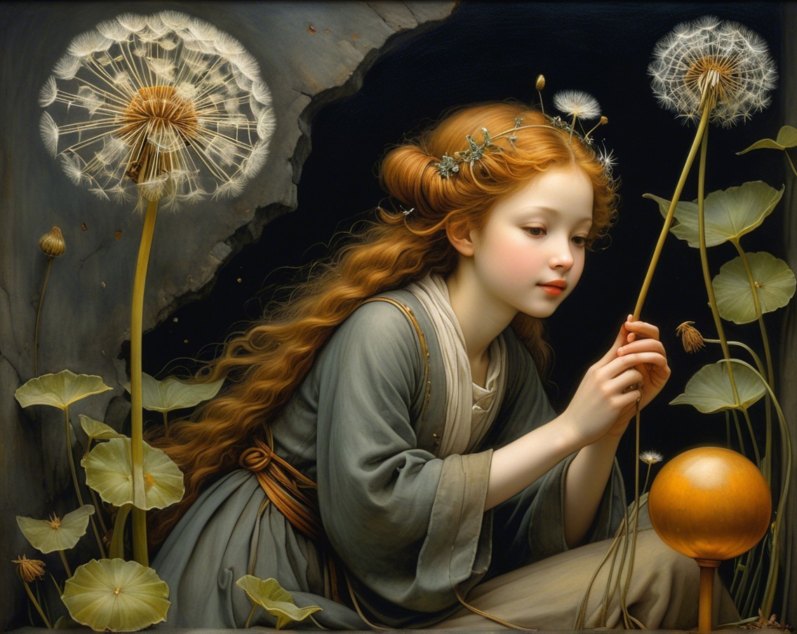 Young girl with red hair among dandelions and leaves