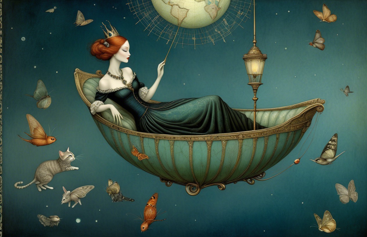 Serene figure in ornate boat with butterflies and stars