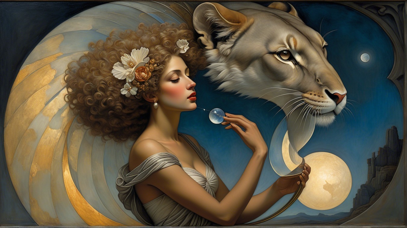 Woman with Curly Hair and Tiger in Celestial Scene