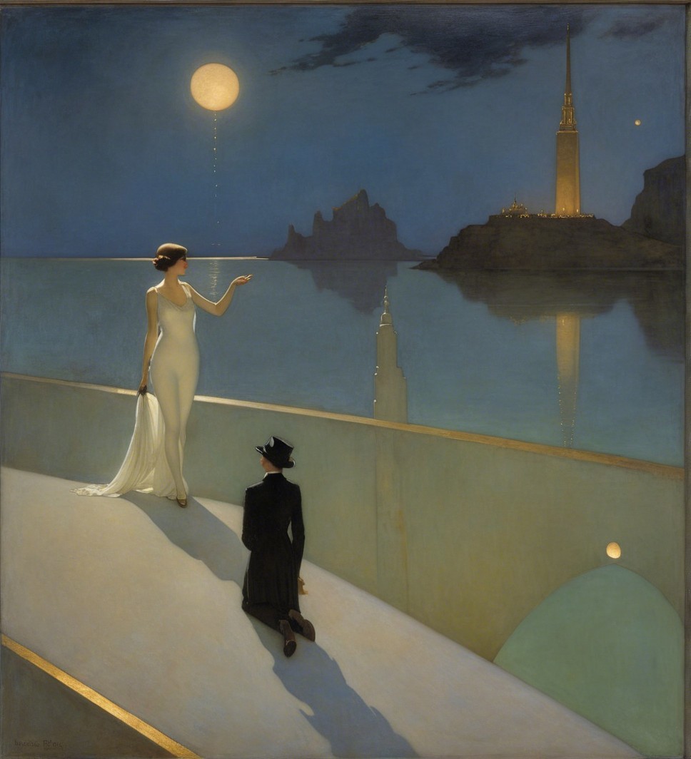 Serene Nighttime Scene with Woman on Balcony